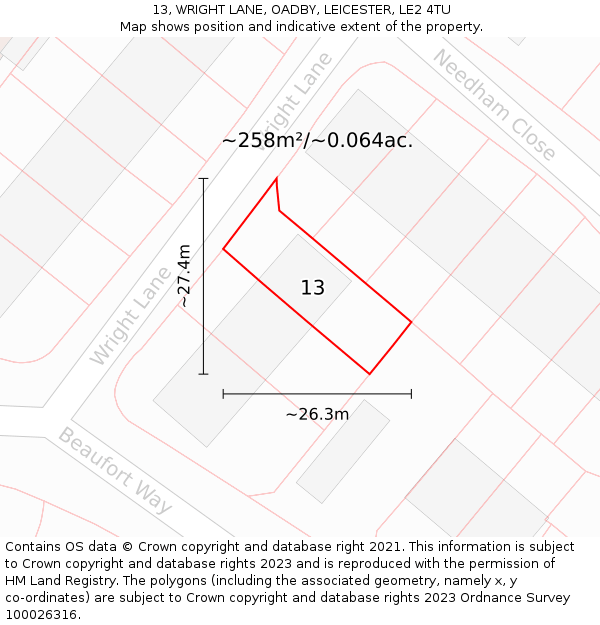 13, WRIGHT LANE, OADBY, LEICESTER, LE2 4TU: Plot and title map