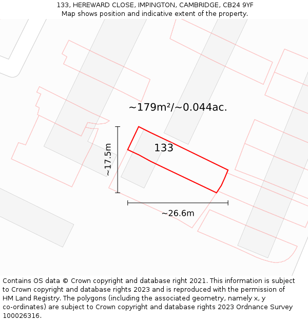 133, HEREWARD CLOSE, IMPINGTON, CAMBRIDGE, CB24 9YF: Plot and title map