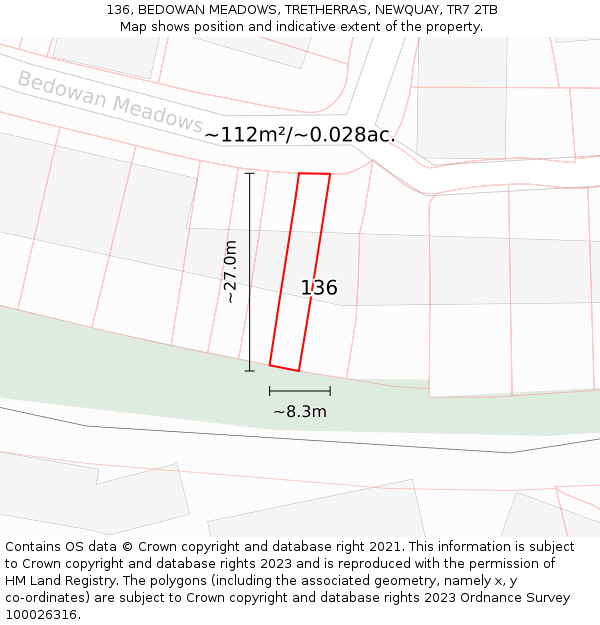 136, BEDOWAN MEADOWS, TRETHERRAS, NEWQUAY, TR7 2TB: Plot and title map