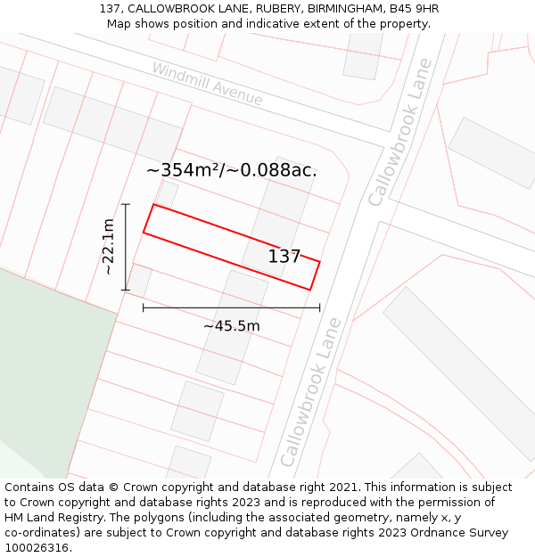 137, CALLOWBROOK LANE, RUBERY, BIRMINGHAM, B45 9HR: Plot and title map