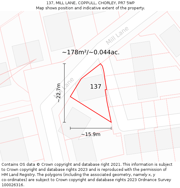 137, MILL LANE, COPPULL, CHORLEY, PR7 5WP: Plot and title map