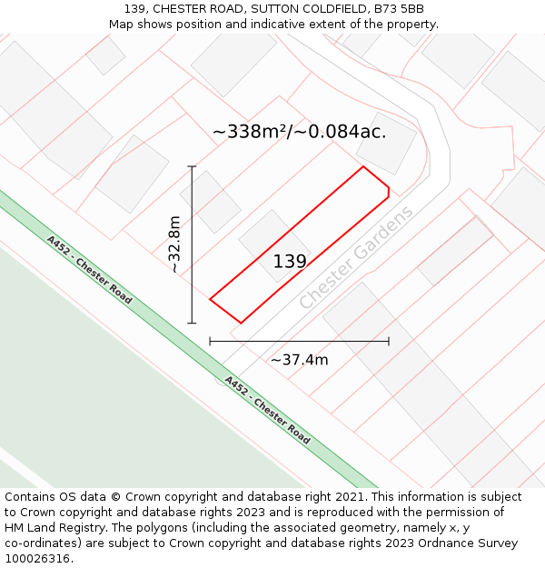 139, CHESTER ROAD, SUTTON COLDFIELD, B73 5BB: Plot and title map