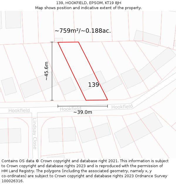 139, HOOKFIELD, EPSOM, KT19 8JH: Plot and title map