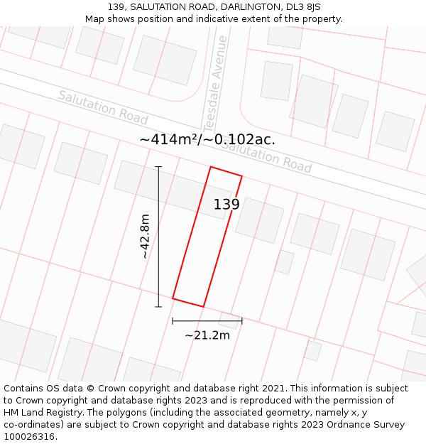 139, SALUTATION ROAD, DARLINGTON, DL3 8JS: Plot and title map