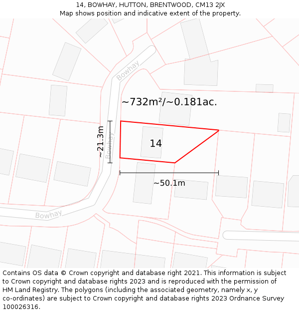 14, BOWHAY, HUTTON, BRENTWOOD, CM13 2JX: Plot and title map