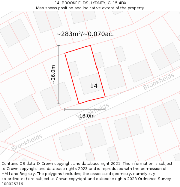 14, BROOKFIELDS, LYDNEY, GL15 4BX: Plot and title map