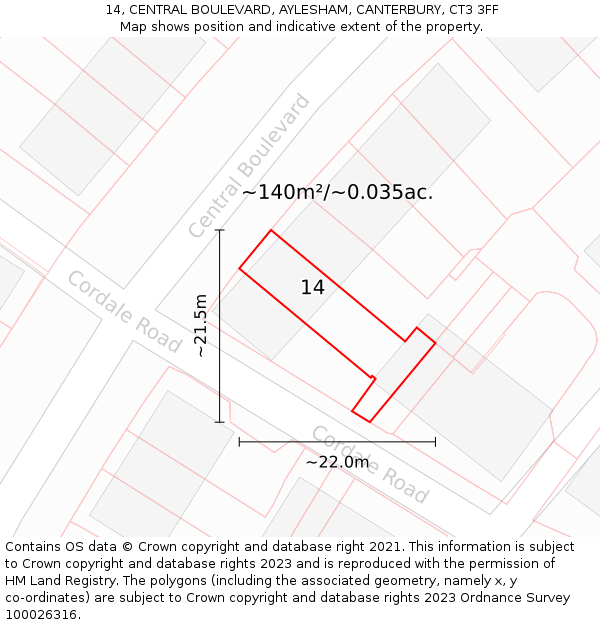14, CENTRAL BOULEVARD, AYLESHAM, CANTERBURY, CT3 3FF: Plot and title map