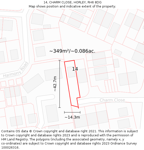 14, CHARM CLOSE, HORLEY, RH6 8DG: Plot and title map