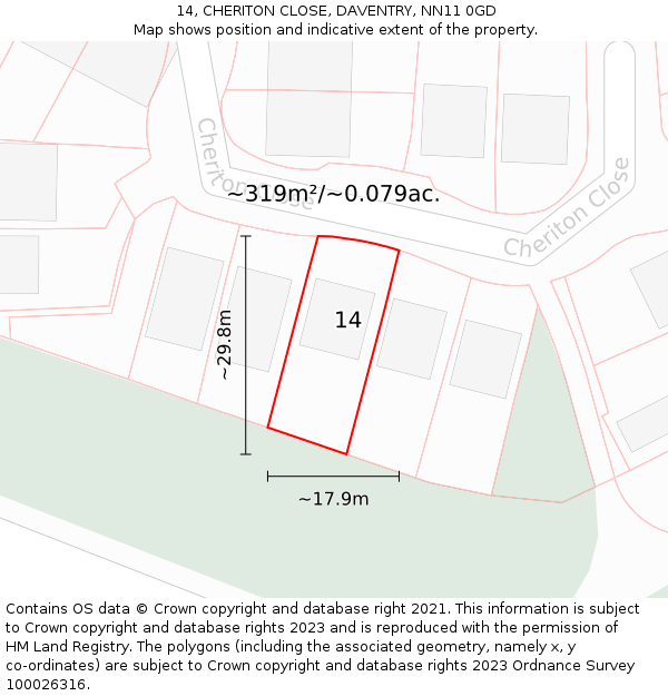 14, CHERITON CLOSE, DAVENTRY, NN11 0GD: Plot and title map