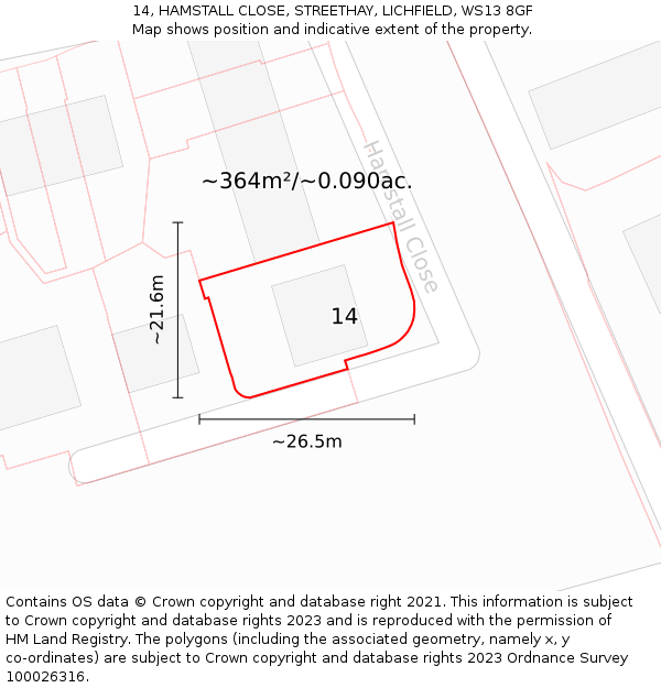 14, HAMSTALL CLOSE, STREETHAY, LICHFIELD, WS13 8GF: Plot and title map
