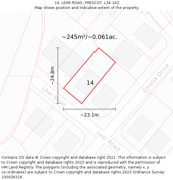 14, LEAR ROAD, PRESCOT, L34 1AZ: Plot and title map
