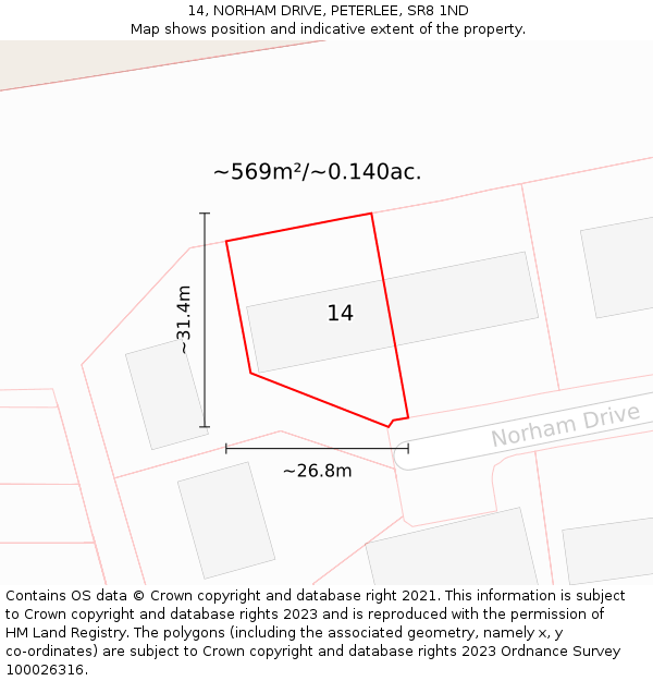 14, NORHAM DRIVE, PETERLEE, SR8 1ND: Plot and title map