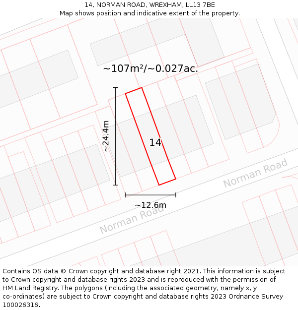 14, NORMAN ROAD, WREXHAM, LL13 7BE: Plot and title map