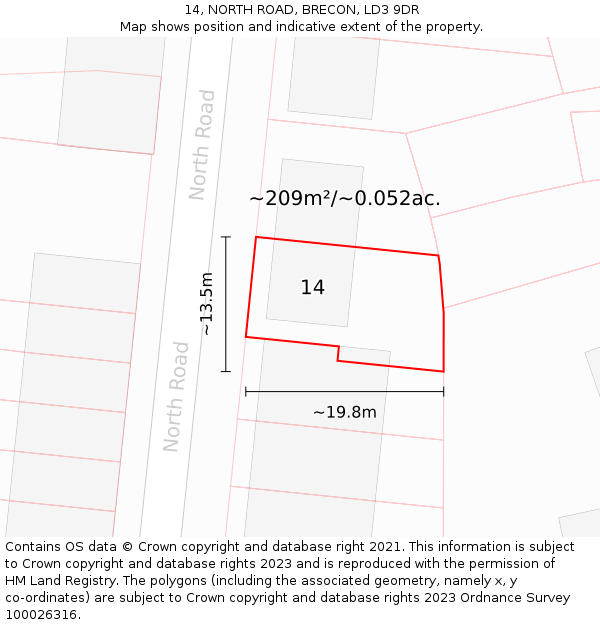 14, NORTH ROAD, BRECON, LD3 9DR: Plot and title map