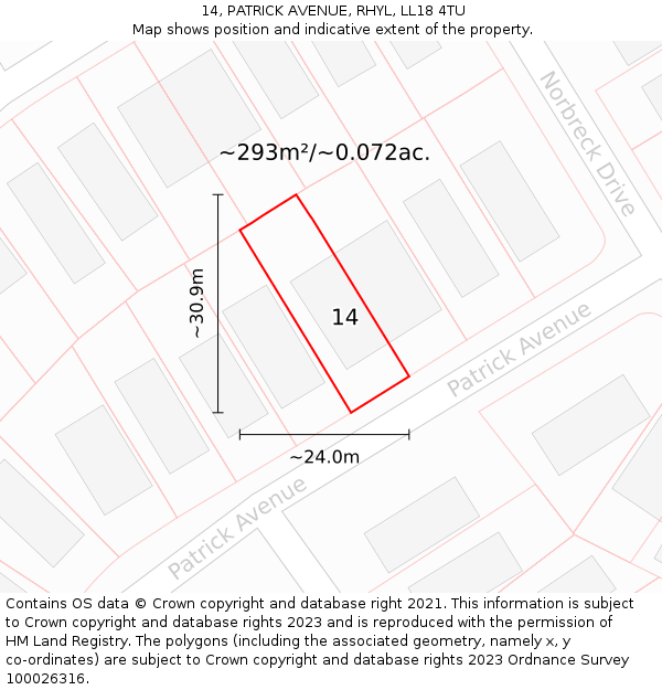 14, PATRICK AVENUE, RHYL, LL18 4TU: Plot and title map