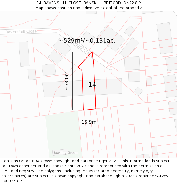 14, RAVENSHILL CLOSE, RANSKILL, RETFORD, DN22 8LY: Plot and title map