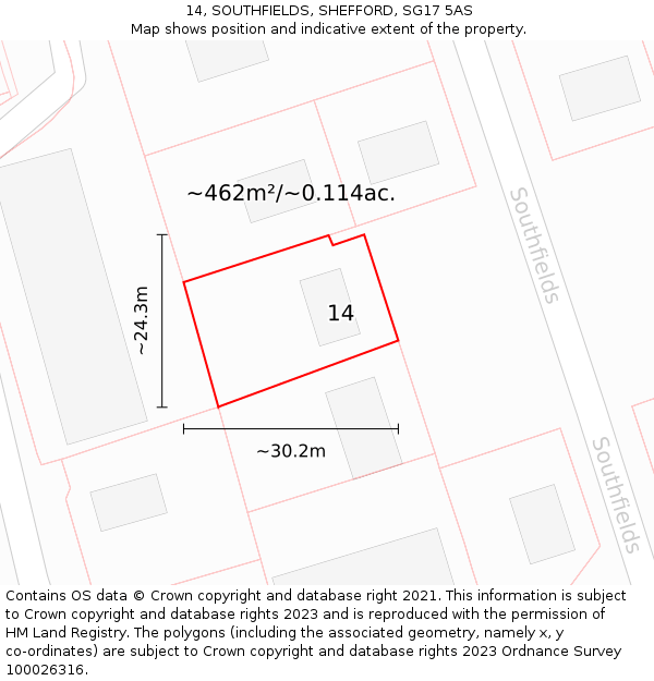 14, SOUTHFIELDS, SHEFFORD, SG17 5AS: Plot and title map