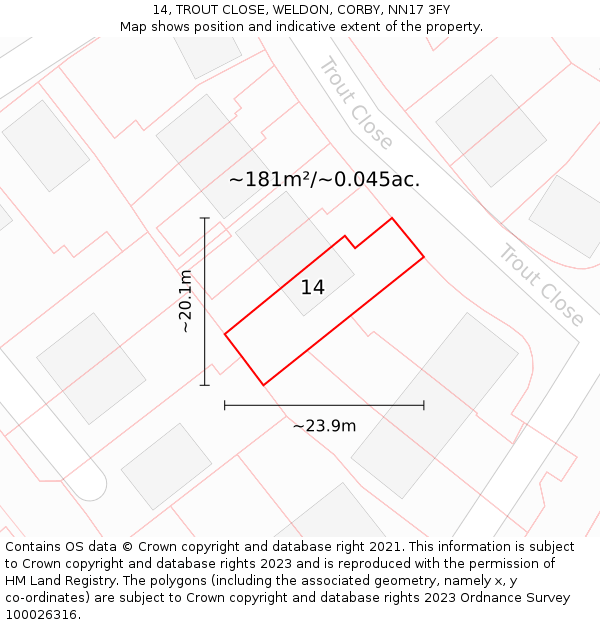 14, TROUT CLOSE, WELDON, CORBY, NN17 3FY: Plot and title map