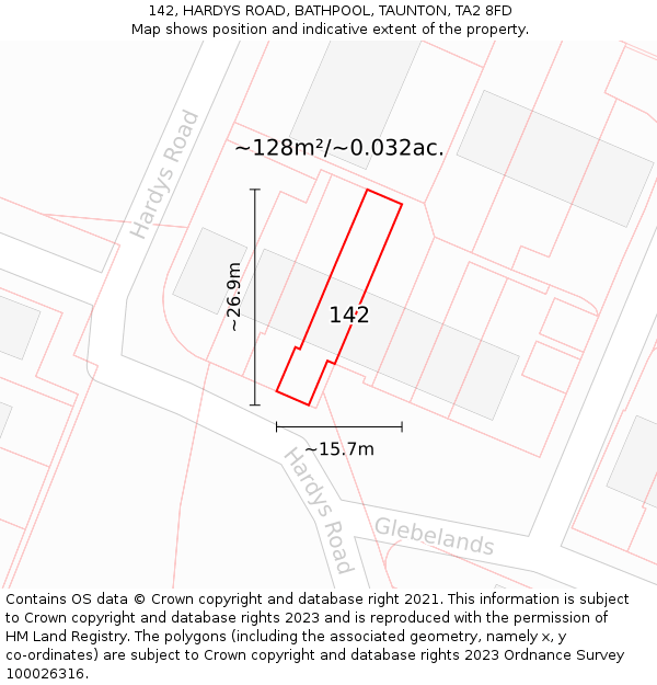 142, HARDYS ROAD, BATHPOOL, TAUNTON, TA2 8FD: Plot and title map