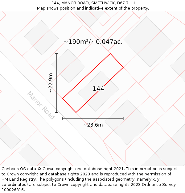 144, MANOR ROAD, SMETHWICK, B67 7HH: Plot and title map