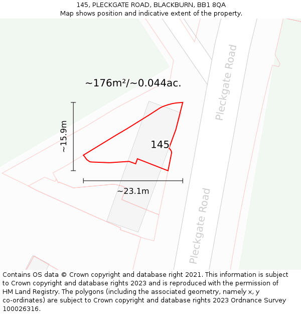 145, PLECKGATE ROAD, BLACKBURN, BB1 8QA: Plot and title map
