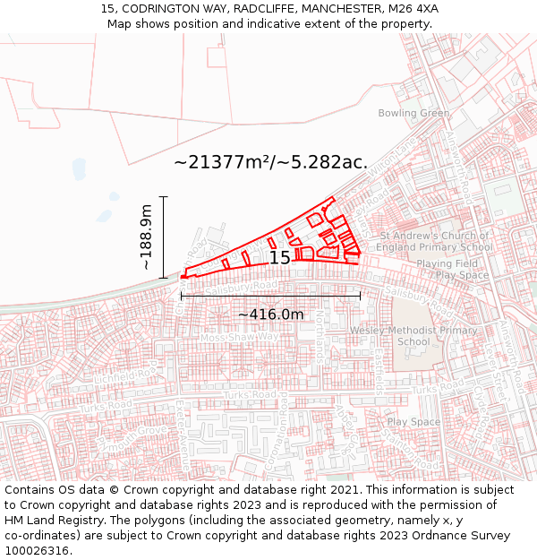 15, CODRINGTON WAY, RADCLIFFE, MANCHESTER, M26 4XA: Plot and title map