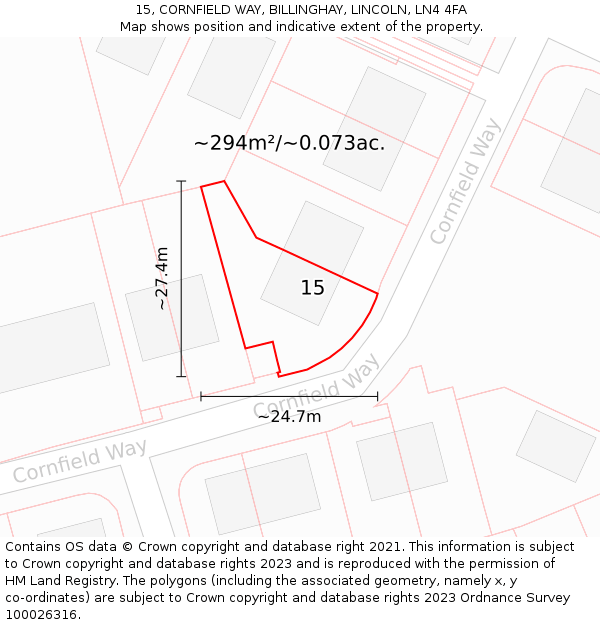 15, CORNFIELD WAY, BILLINGHAY, LINCOLN, LN4 4FA: Plot and title map