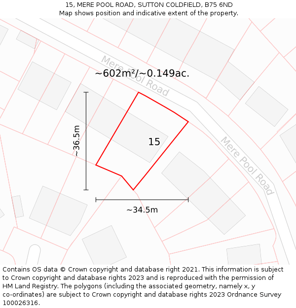 15, MERE POOL ROAD, SUTTON COLDFIELD, B75 6ND: Plot and title map