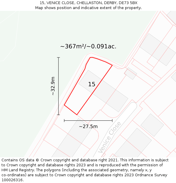15, VENICE CLOSE, CHELLASTON, DERBY, DE73 5BX: Plot and title map