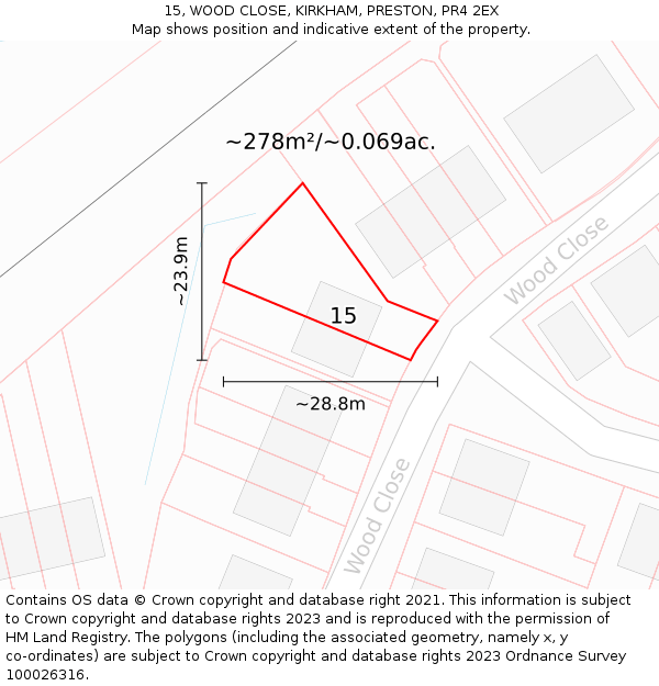 15, WOOD CLOSE, KIRKHAM, PRESTON, PR4 2EX: Plot and title map