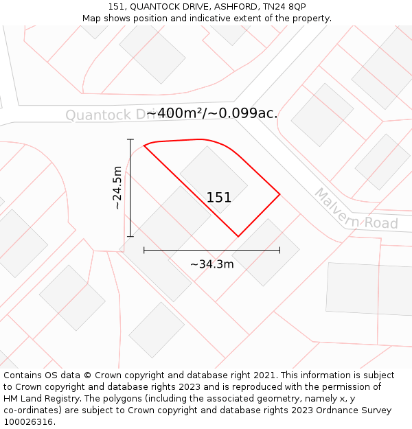 151, QUANTOCK DRIVE, ASHFORD, TN24 8QP: Plot and title map