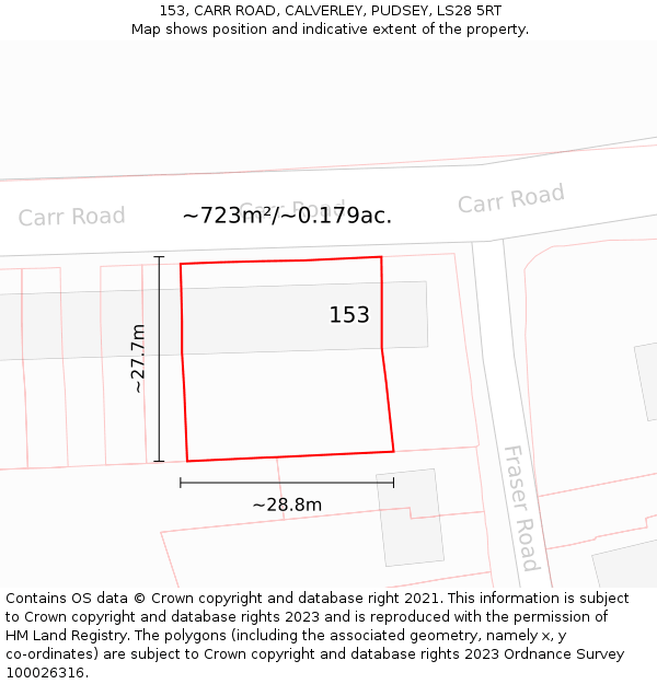 153, CARR ROAD, CALVERLEY, PUDSEY, LS28 5RT: Plot and title map