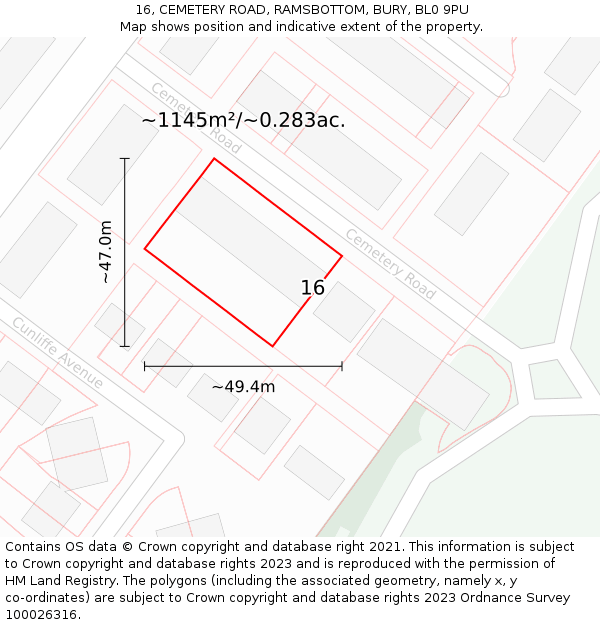 16, CEMETERY ROAD, RAMSBOTTOM, BURY, BL0 9PU: Plot and title map