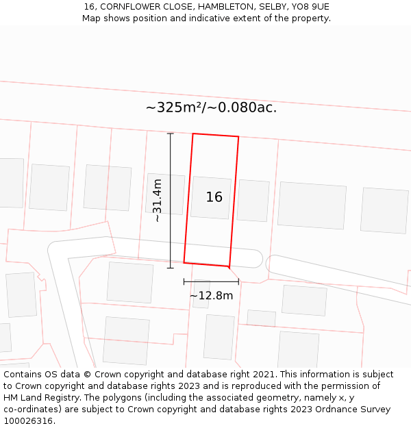 16, CORNFLOWER CLOSE, HAMBLETON, SELBY, YO8 9UE: Plot and title map