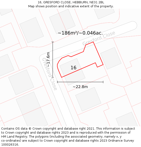 16, GRESFORD CLOSE, HEBBURN, NE31 2BL: Plot and title map