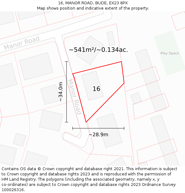 16, MANOR ROAD, BUDE, EX23 8PX: Plot and title map