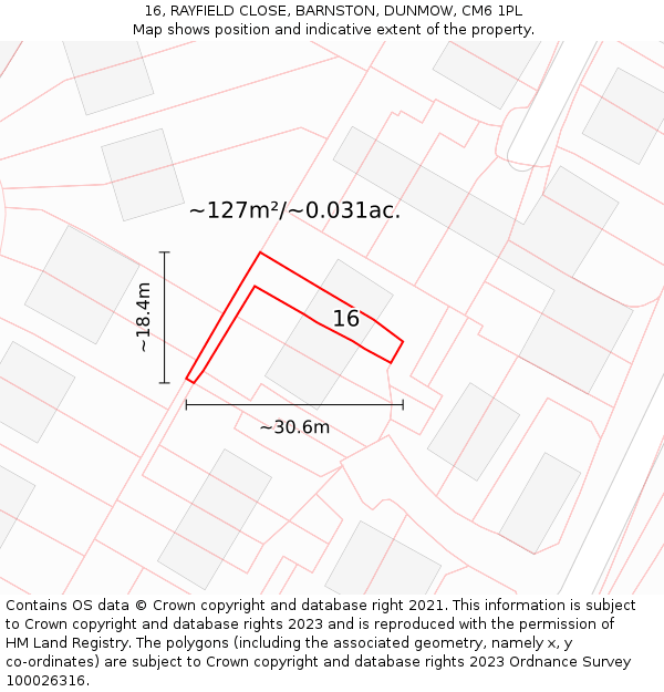 16, RAYFIELD CLOSE, BARNSTON, DUNMOW, CM6 1PL: Plot and title map