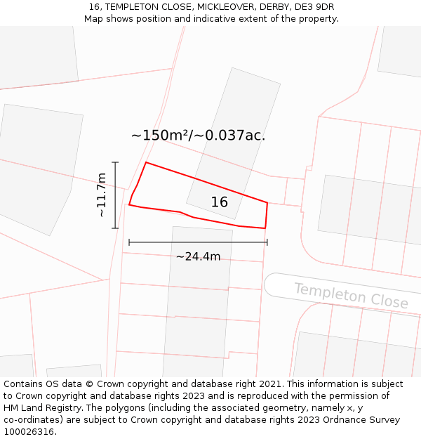 16, TEMPLETON CLOSE, MICKLEOVER, DERBY, DE3 9DR: Plot and title map