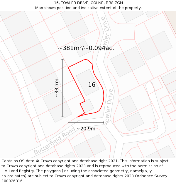 16, TOWLER DRIVE, COLNE, BB8 7GN: Plot and title map