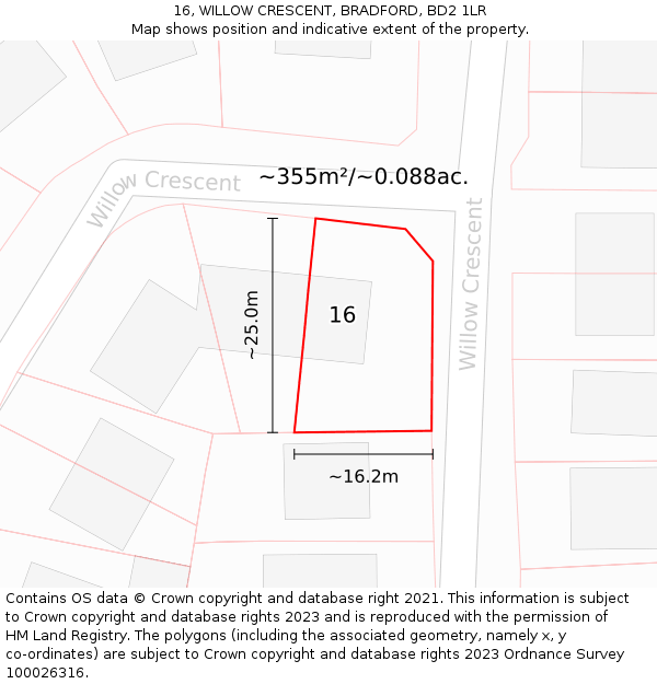 16, WILLOW CRESCENT, BRADFORD, BD2 1LR: Plot and title map