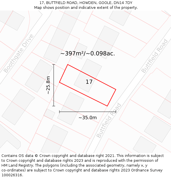 17, BUTTFIELD ROAD, HOWDEN, GOOLE, DN14 7DY: Plot and title map