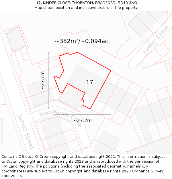 17, KINDER CLOSE, THORNTON, BRADFORD, BD13 3NG: Plot and title map