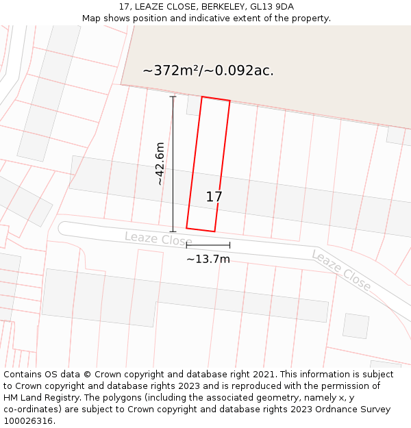 17, LEAZE CLOSE, BERKELEY, GL13 9DA: Plot and title map