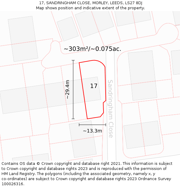 17, SANDRINGHAM CLOSE, MORLEY, LEEDS, LS27 8DJ: Plot and title map