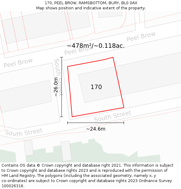 170, PEEL BROW, RAMSBOTTOM, BURY, BL0 0AX: Plot and title map
