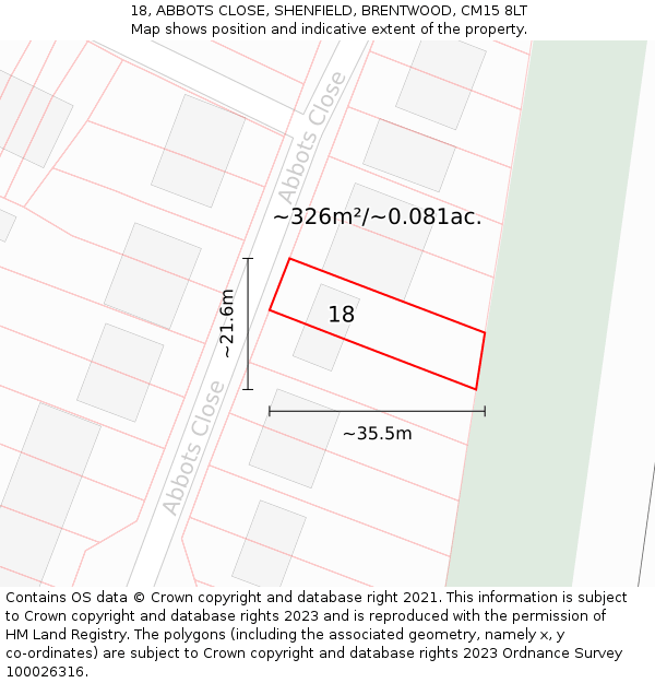 18, ABBOTS CLOSE, SHENFIELD, BRENTWOOD, CM15 8LT: Plot and title map
