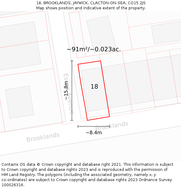 18, BROOKLANDS, JAYWICK, CLACTON-ON-SEA, CO15 2JS: Plot and title map