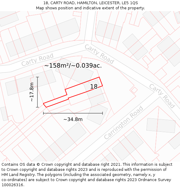 18, CARTY ROAD, HAMILTON, LEICESTER, LE5 1QS: Plot and title map