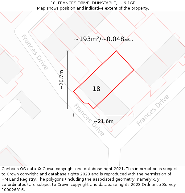 18, FRANCES DRIVE, DUNSTABLE, LU6 1GE: Plot and title map