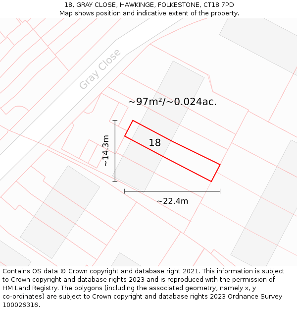 18, GRAY CLOSE, HAWKINGE, FOLKESTONE, CT18 7PD: Plot and title map